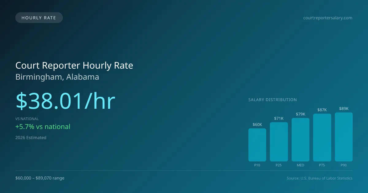 Court Reporter Hourly Rate in Birmingham, AL — 2026 est., based on 2025 BLS