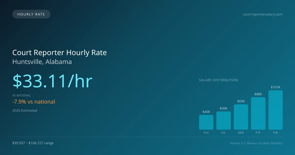 Court Reporter Hourly Rate in Huntsville, AL — 2026 est., based on 2025 BLS