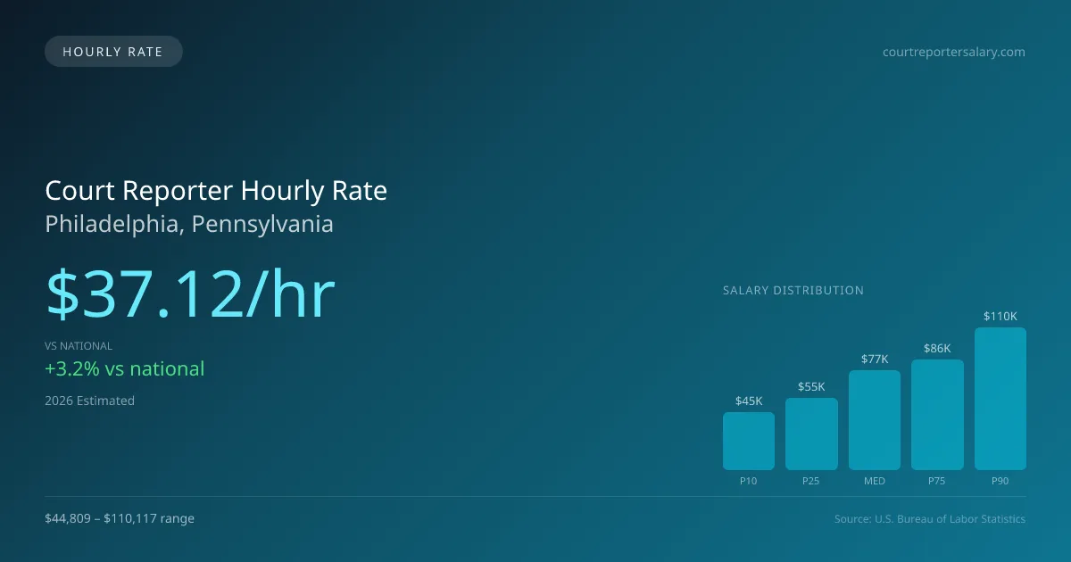 Court Reporter Hourly Rate in Philadelphia, PA — 2026 est., based on 2025 BLS